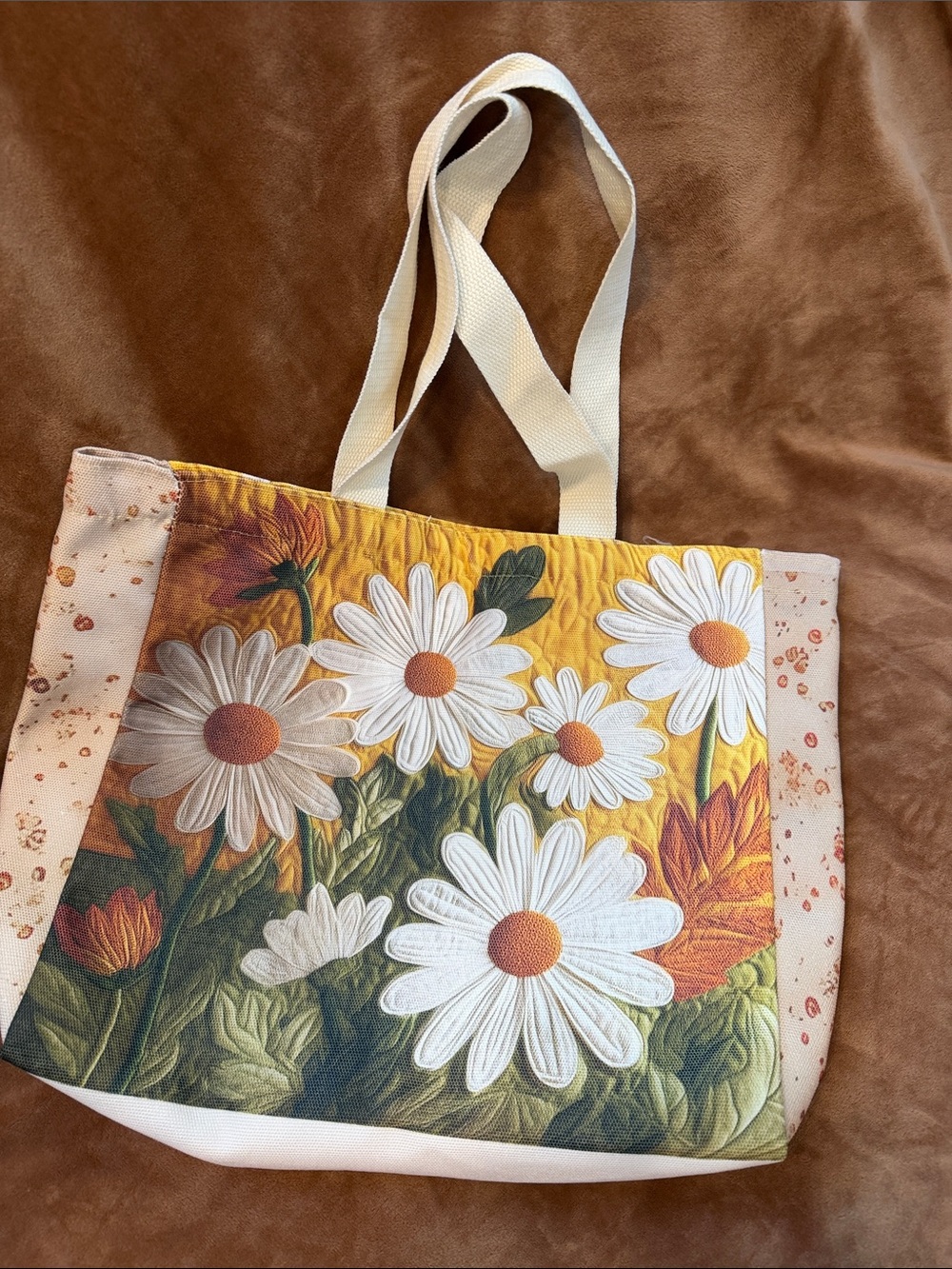 Floral Daisy Canvas Tote Bag in Yellow and White